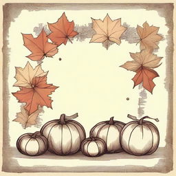 A vintage autumn clip art sketch illustration featuring classic autumn elements such as falling leaves, acorns, pumpkins, and a cozy scarf