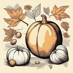 A vintage autumn clip art sketch illustration featuring classic autumn elements such as falling leaves, acorns, pumpkins, and a cozy scarf