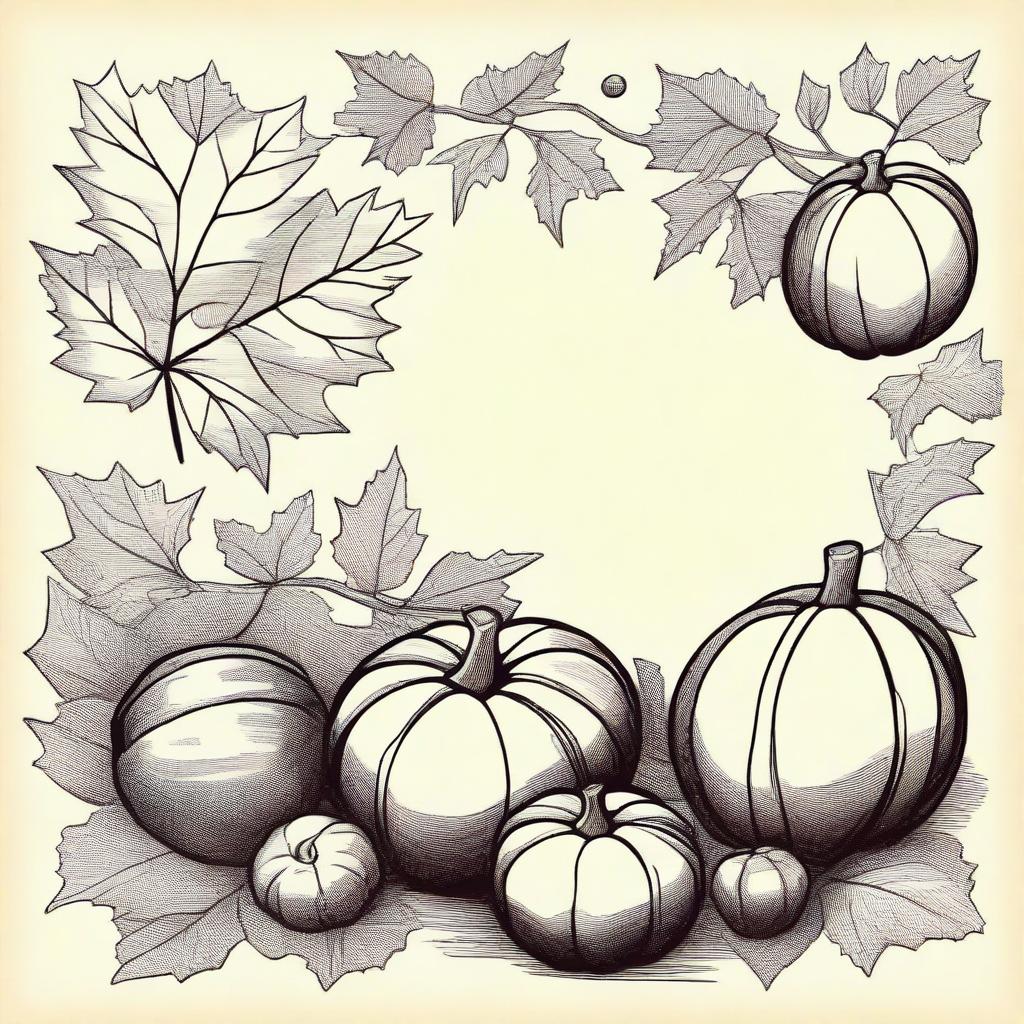 A vintage autumn clip art sketch illustration featuring classic autumn elements such as falling leaves, acorns, pumpkins, and a cozy scarf