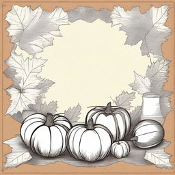 A vintage autumn clip art sketch illustration featuring classic autumn elements such as falling leaves, acorns, pumpkins, and a cozy scarf