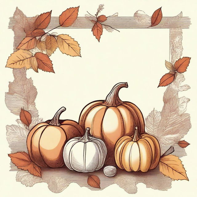 A vintage autumn clip art sketch illustration featuring classic autumn elements such as falling leaves, acorns, pumpkins, and a cozy scarf