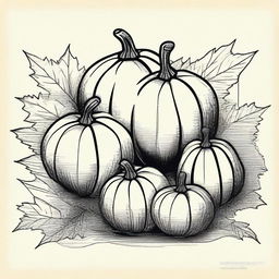 A vintage fall clip art sketch illustration featuring classic fall elements such as falling leaves, acorns, pumpkins, and a cozy scarf