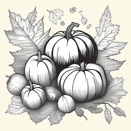 A vintage fall clip art sketch illustration featuring classic fall elements such as falling leaves, acorns, pumpkins, and a cozy scarf