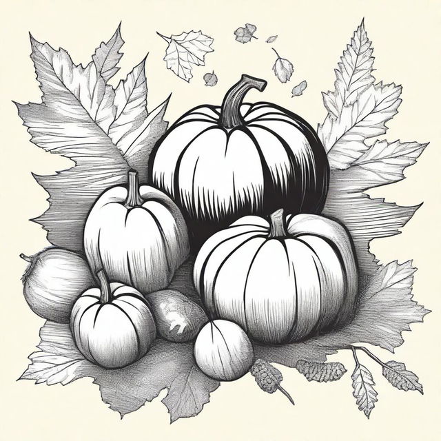 A vintage fall clip art sketch illustration featuring classic fall elements such as falling leaves, acorns, pumpkins, and a cozy scarf