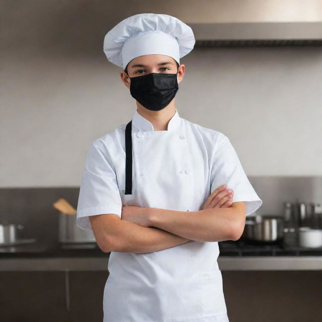 A photorealistic image of an adorable teenage boy wearing a white chef's uniform, black apron, black surgical mask, and black baseball hat.