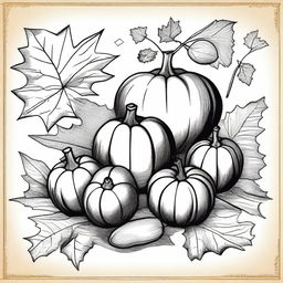 A vintage fall clip art sketch illustration featuring classic fall elements such as falling leaves, acorns, pumpkins, and a cozy scarf