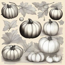 A vintage fall clip art sketch illustration featuring classic fall elements such as falling leaves, acorns, pumpkins, and a cozy scarf