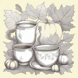 A vintage fall clip art sketch illustration featuring classic autumn elements such as falling leaves, acorns, pumpkins, a cozy scarf, and perhaps a cup of hot tea