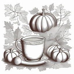 A vintage fall clip art sketch illustration featuring classic autumn elements such as falling leaves, acorns, pumpkins, a cozy scarf, and perhaps a cup of hot tea