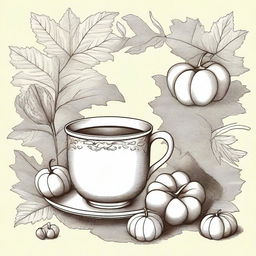 A vintage fall clip art sketch illustration featuring classic autumn elements such as falling leaves, acorns, pumpkins, a cozy scarf, and perhaps a cup of hot tea