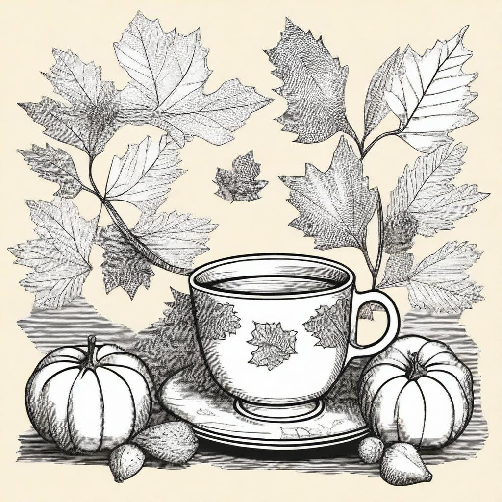 A vintage fall clip art sketch illustration featuring classic autumn elements such as falling leaves, acorns, pumpkins, a cozy scarf, and perhaps a cup of hot tea