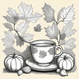 A vintage fall clip art sketch illustration featuring classic autumn elements such as falling leaves, acorns, pumpkins, a cozy scarf, and perhaps a cup of hot tea