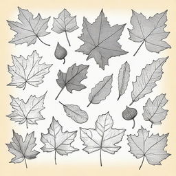 A vintage autumn leaves clip art sketch illustration featuring various types of falling leaves like maple, oak, and birch