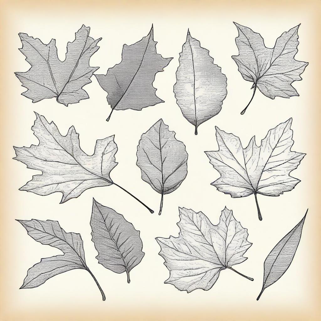 A vintage autumn leaves clip art sketch illustration featuring various types of falling leaves like maple, oak, and birch