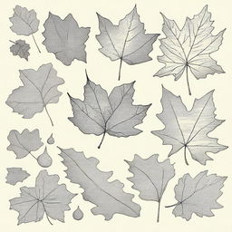 A vintage autumn leaves clip art sketch illustration featuring various types of falling leaves like maple, oak, and birch