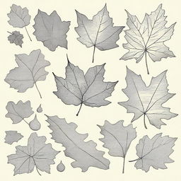 A vintage autumn leaves clip art sketch illustration featuring various types of falling leaves like maple, oak, and birch