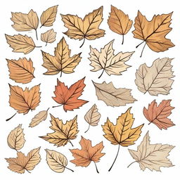 A vintage autumn leaves clip art sketch illustration featuring various types of falling leaves like maple, oak, and birch