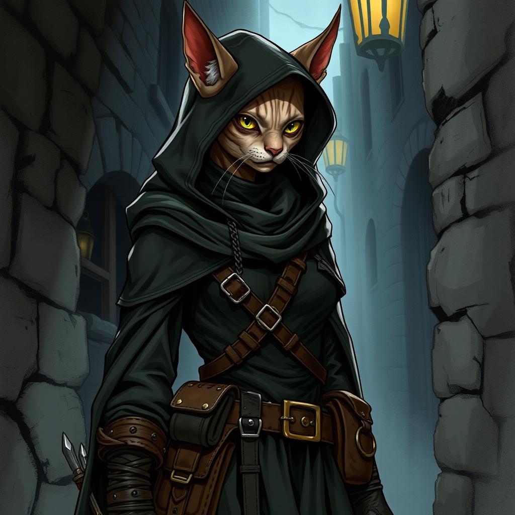 A detailed illustration of a female Tabaxi rogue criminal, with the appearance of a tabby sphynx cat