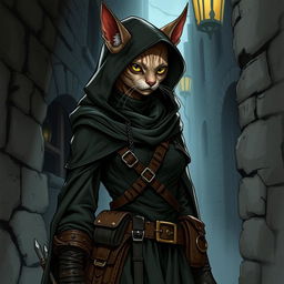 A detailed illustration of a female Tabaxi rogue criminal, with the appearance of a tabby sphynx cat