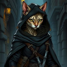 A detailed illustration of a female Tabaxi rogue criminal, with the appearance of a tabby sphynx cat