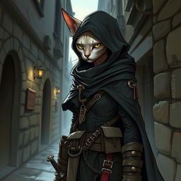 A detailed illustration of a female Tabaxi rogue criminal, with the appearance of a tabby sphynx cat