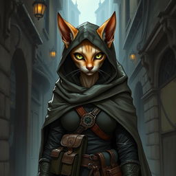 A detailed illustration of a female Tabaxi rogue criminal, with the appearance of a tabby sphynx cat