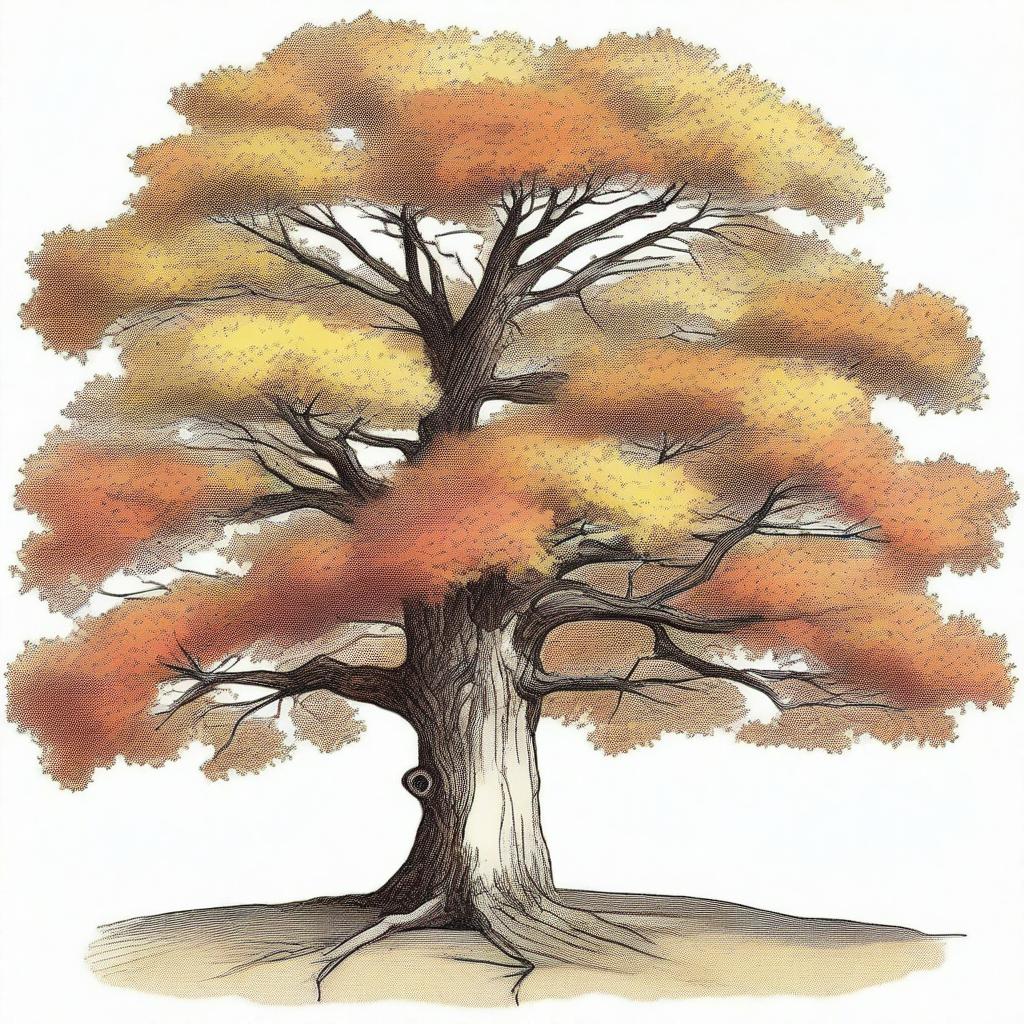 A vintage autumn tree clip art sketch illustration featuring a majestic tree with branches full of colorful fall leaves