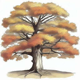 A vintage autumn tree clip art sketch illustration featuring a majestic tree with branches full of colorful fall leaves