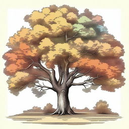 A vintage autumn tree clip art sketch illustration featuring a majestic tree with branches full of colorful fall leaves