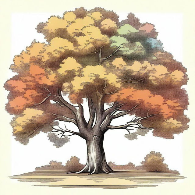 A vintage autumn tree clip art sketch illustration featuring a majestic tree with branches full of colorful fall leaves