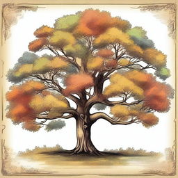 A vintage autumn tree clip art sketch illustration featuring a majestic tree with branches full of colorful fall leaves