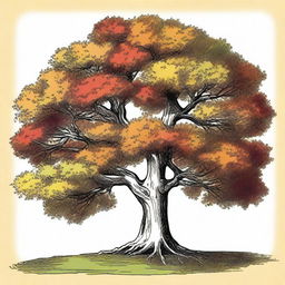 A vintage autumn tree clip art sketch illustration featuring a majestic tree with branches full of colorful fall leaves