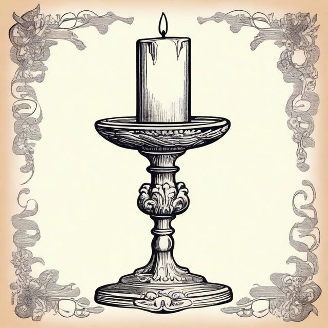 A vintage candle clip art sketch illustration featuring an ornate candle holder with a lit candle