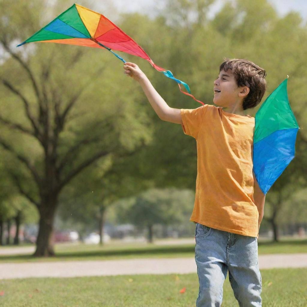 A cheerful young boy playing with a colorful kite in a sunny park