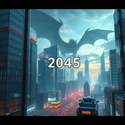 A futuristic city in the year 2045 with glass skyscrapers