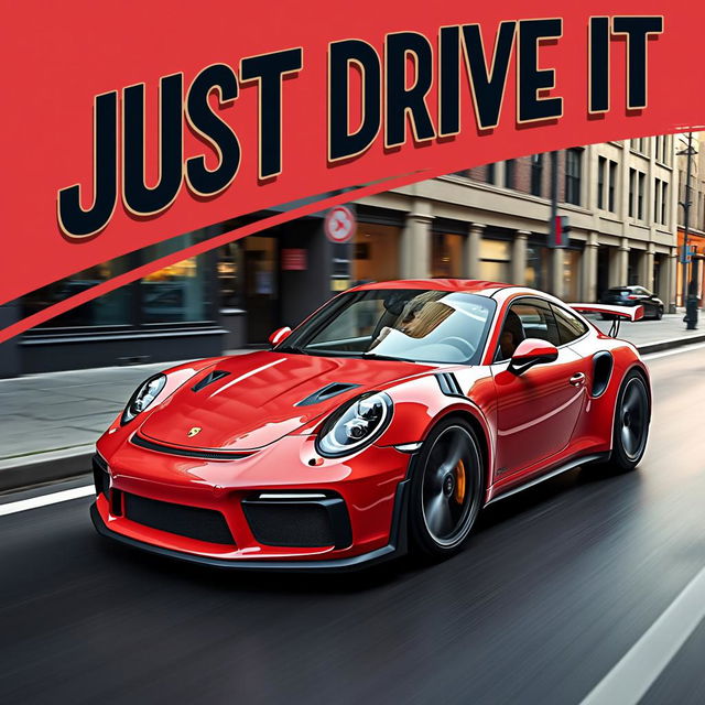 An eye-catching poster featuring a Porsche 911 in a dynamic urban setting with the text 'JUST DRIVE IT' in bold, modern font