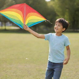 A cheerful young boy playing with a colorful kite in a sunny park