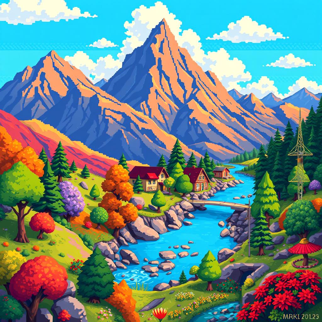 Create a detailed pixel art image featuring a vibrant and colorful scene