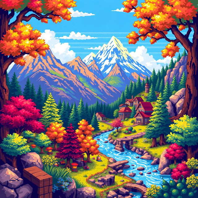 Create a detailed pixel art image featuring a vibrant and colorful scene