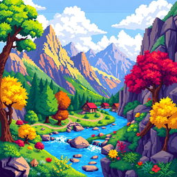 Create a detailed pixel art image featuring a vibrant and colorful scene