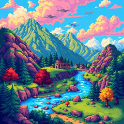 Create a detailed pixel art image featuring a vibrant and colorful scene