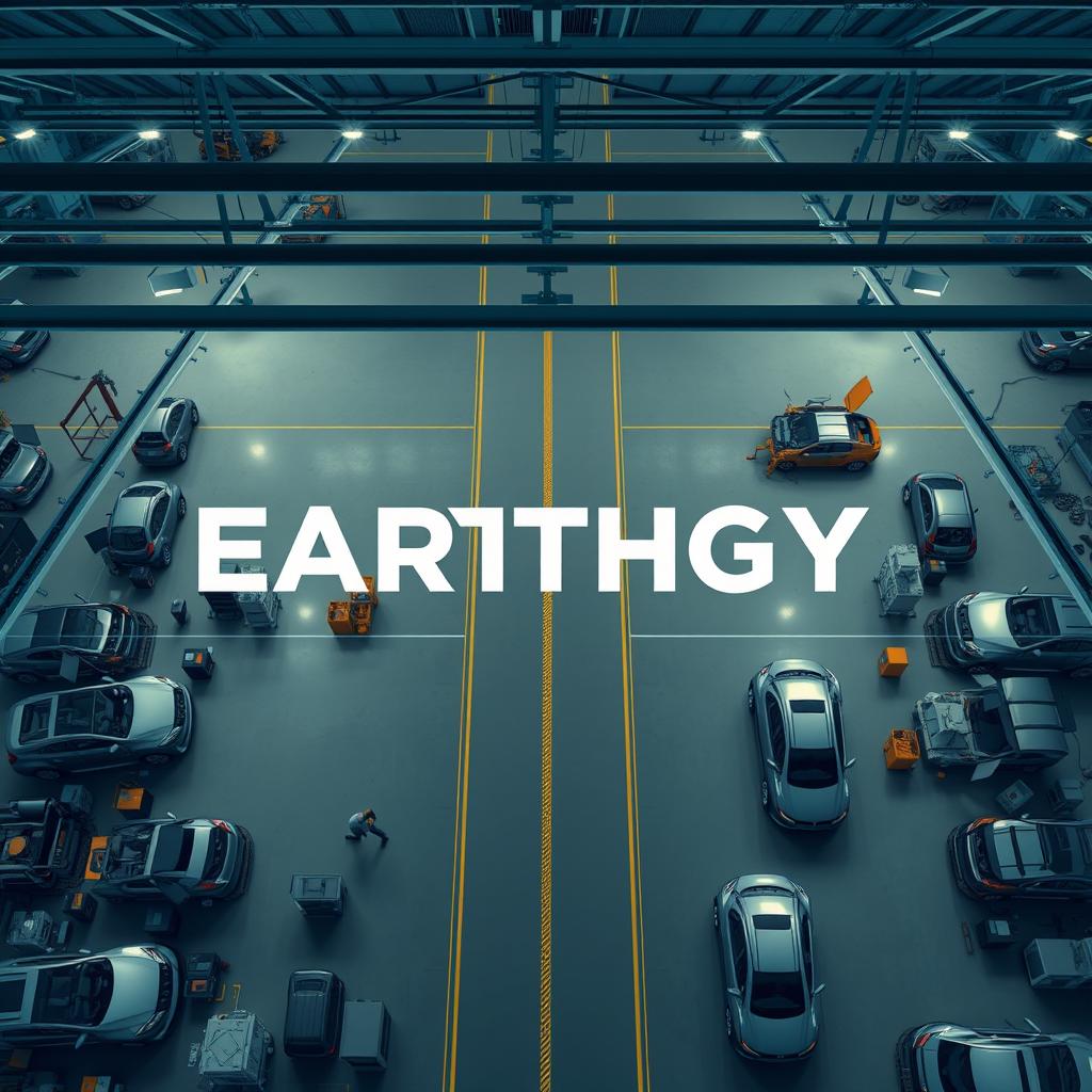 Generate an image of a car manufacturing facility with the name 'EARTHGY' visible