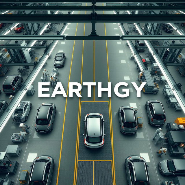 Generate an image of a car manufacturing facility with the name 'EARTHGY' visible