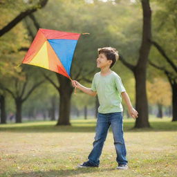 A cheerful young boy playing with a colorful kite in a sunny park