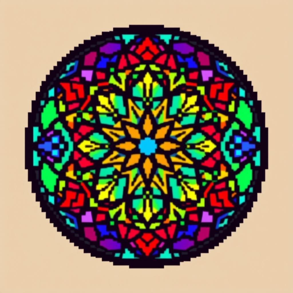 Create a pixel art image of a stained glass window in a circular shape with a diameter of 41 pixels