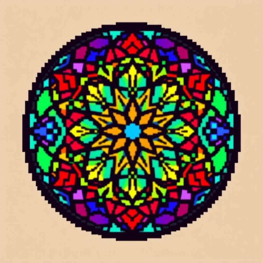 Create a pixel art image of a stained glass window in a circular shape with a diameter of 41 pixels