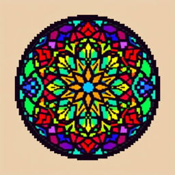 Create a pixel art image of a stained glass window in a circular shape with a diameter of 41 pixels