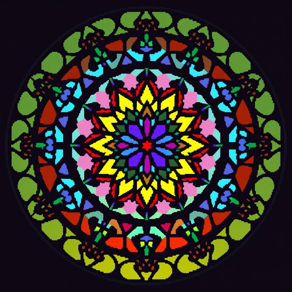 Create a pixel art image of a stained glass window in a circular shape with a diameter of 41 pixels