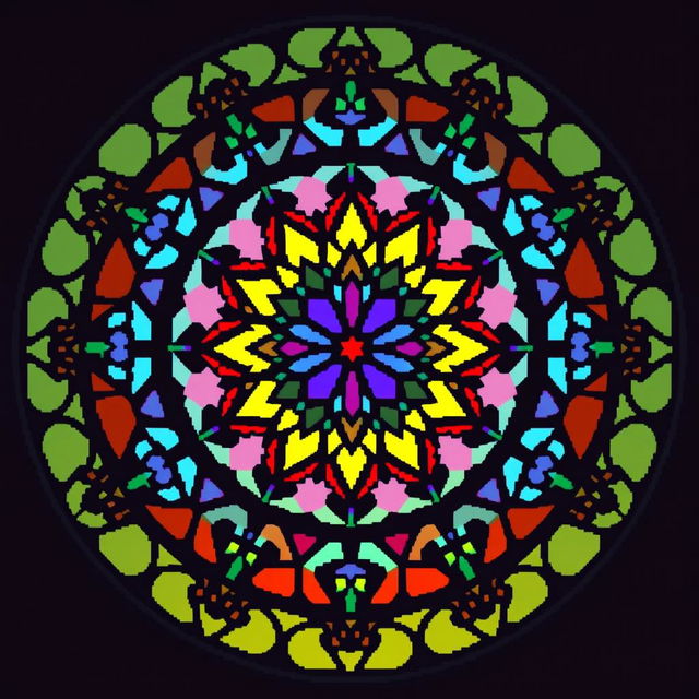 Create a pixel art image of a stained glass window in a circular shape with a diameter of 41 pixels