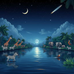 A serene midnight jungle scene in the middle of a river